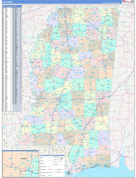 Color Cast Style Wall Map of Mississippi by Market Maps For Sale