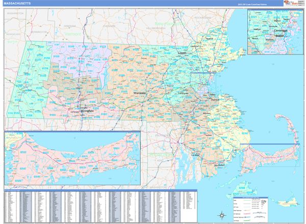 Color Cast Style Wall Map of Massachusetts by Market Maps Online